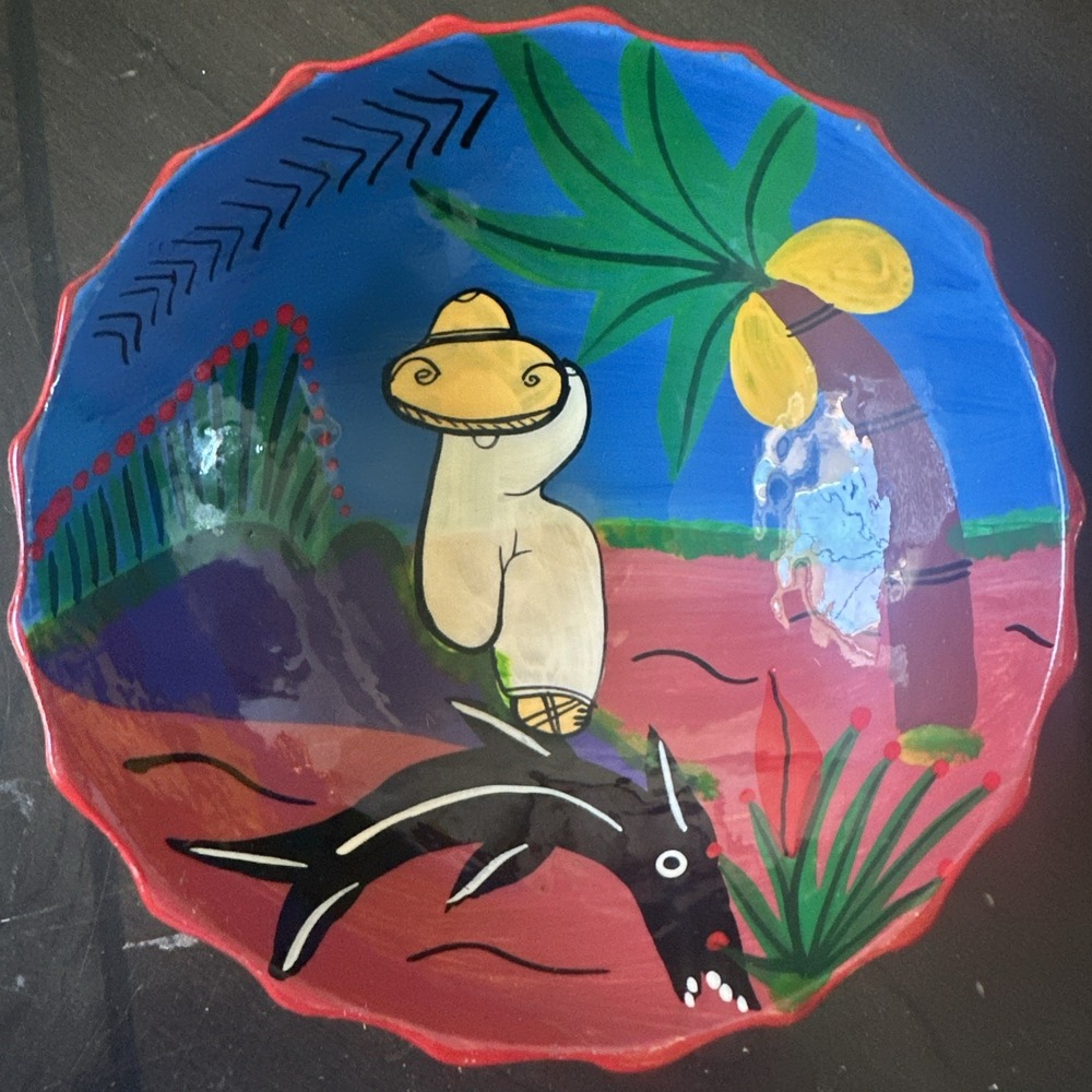 Hand Painted Mexican Folk Art Bowl Footed Glazed Terracotta 7" Story Bowl Vtg